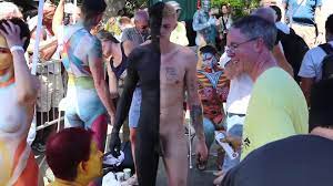 Boy naked body paint in public! 