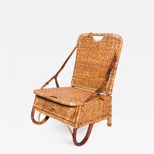 Includes 1 seat and 1 back cushion. Vintage Folding Beach Chair Woven Wicker And Leather Sculpted Portable Travel