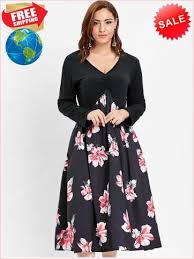 Plus Size Ruched Floral Panel Mid Calf Dress Mid Calf Dresses Dresses Plus Size Dresses