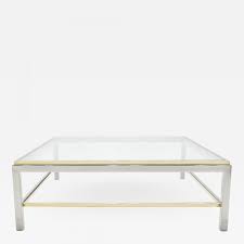 Clear/bronze large rectangle glass coffee table with mirrored shelf. Willy Rizzo Large Square Two Tier Brass Chrome Coffee Table Willy Rizzo Flaminia 1970s