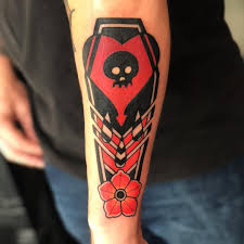 Black And White And Red All Over Alkaline Trio Chase Martines On Instagram Got To Add This Coffin To Mike S Alkaline Trio Heart Giving It A Littl Alkaline Trio Alkaline Trio Tattoo Traditional Tattoo Art