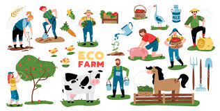 Eco Farming Set Of Isolated Images With Plants Farm Animals Equipment And Doodle Characters Of People Vector Doodle Characters Vector Illustration Vector Free