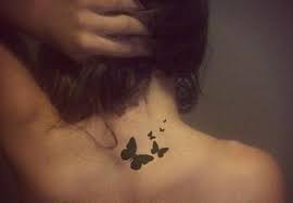 Colorful butterfly tattoo on back shoulder: Butterfly Tattoo Designs For Girls On Neck Tattoo Designs Ideas