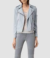 Allsaints Ca Womens Latham Leather Biker Jacket Sky Blue Leather Jackets Women Blue Suede Jacket Suede Jacket Outfit