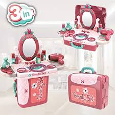 Kids vanity table & stool princess dressing make up play set for girls snowflake. Buy Kids Pretend Play Vanity Set 2 In 1 Toddler Dressing Table Suitcase Beauty Makeup Dresser Kit Include Makeup Accessories Little Girls Role Play Toys Gift For 2 3 4 5