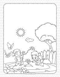Happy butterflies fly over flowers. Boy And Girl Plant Flowers Coloring Page In 2021 Spring Coloring Pages Printable Coloring Pages Coloring Pages