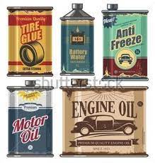 Vintage Collection Of Old Motor And Engine Oil Cans Anti Freeze Water And Tire Glue Bottles Retro Vector Design Concept Car Cosm Oils Motor Oil Engineering