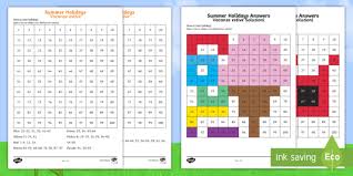 summer holidays color by number 100s chart worksheet