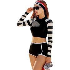 Womens Stripe Long Sleeve Tankini Top High Waist Swimsuit Bottom Black 29 Liked On Polyvore Fe Long Sleeve Swimwear Swimsuits High Waisted Women Swimsuits