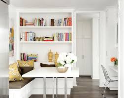 Fabulous Breakfast Nook Features Built In Bookshelves Over A L Shaped Dining Banquette Clad In Brown L Breakfast Nook Table Dining Nook Breakfast Nook Cushions