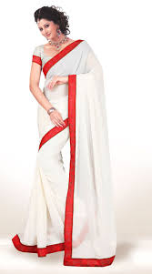 Exclusive White Chiffon Light Work Saree With Red Border Kcv3418007 Party Wear Sarees Off White Saree White Chiffon party wear sarees