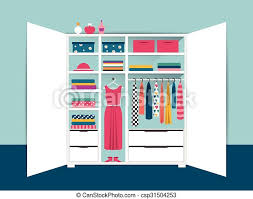 In the nursery room — в детской. Open Wardrobe White Closet With Tidy Clothes Shirts Sweaters Boxes And Shoes Home Interior Flat Design Canstock