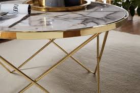 Rechteckig und geradlinig steht er vor dem sofa. Finebuy Design Couchtisch Marmor Optik Weiss Rund O 85 Cm Gold Metall Gestell Grosser Wohnzimmertisch
