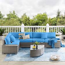 Diminutive outdoor patio garden coffee cocktail table by woodard. Buy Tribesigns 6 Pieces Outdoor Patio Furniture Set Large Wicker Sectional Sofa Set Patio Conversation Set Rattan Couch With Cushions And Glass Table For Porch Garden Backyard Gray Blue Online In Indonesia B086jt9gfn