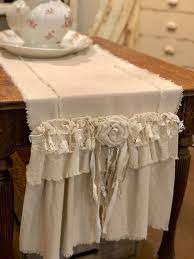 Custom Farmhouse Table Runner Or Dresser Runner Multi Ruffle Ivory Canvas Linen Shabby Lace Handmade French Country Table Runner Shabby Chic Dresser Shabby Chic Room Farmhouse Table Runners