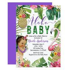 Purple Hawaiian Aloha Tropical Baby Vintage Shower Invitation Zazzle Com In 2021 Tropical Baby Shower Baby Girl Shower Themes Vintage Baby Shower Invitation