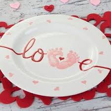 Valentine Heart With Infant Foot Prints On Ceramic Painted Plate Footprint Crafts Baby Crafts Handprint Crafts