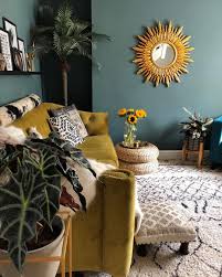 Dark Interiors Living Room Dark Green Walls Mustard Yellow Velvet Sofas And Sunburst Gold Green Living Room Decor Living Room Green Living Room Color Schemes