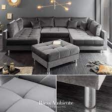 Moderne Xxl Wohnlandschaft Kent 305cm Grau Samt Federkern Inkl Hocker Und Kissen Wohnzimmer Ideen Gemutlich Graues Sofa Wohnzimmer Grosse Couch