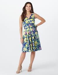 Faux Wrap Lemon Print Fit And Flare Floral Dress Dressbarn Fit And Flare Dress Latest Fashion Dresses Casual Day Dresses