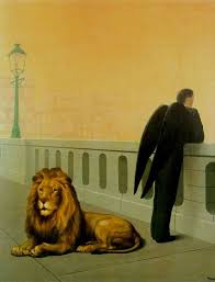 Homesickness Neither The Lion Nor The Man With Folded Wings Have Any Business Being On This Bridge They Embo Magritte Paintings Magritte Art Rene Magritte