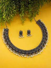 Oxidized Silver Choker Necklace Set With Pearl Droppings Jumkey Fashion Jewellery Choker Necklace Set Silver Choker Necklace Silver Choker