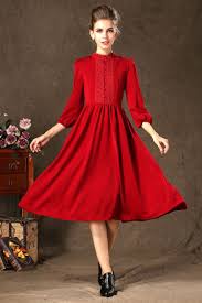 Red 3 4 Sleeve Below The Knee Mockneck Aline Dress With Button Down Chest Red Dress Casual