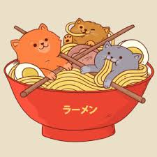 Illustration Of 3 Cats Relaxing And Eating In A Bowl Of Ramen Noodle Katzen Kunst Tiere Zeichnen Katzentattoos