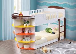 Here's a rich wood frame bunk bed designed for kids in need of compact storage, with a set of drawers beneath the lower bunk and a slim dresser built into the frame, beneath the stairs at left. Neptune Kids Nautical Boat Twin Twin Bunk Bed Storage Shelves In White Brown