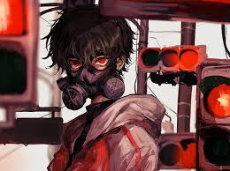 Its a weird way to allow you to self insert by making a bland/basic look. Hd Wallpaper Anime Original Black Hair Gas Mask Red Eyes Wallpaper Flare