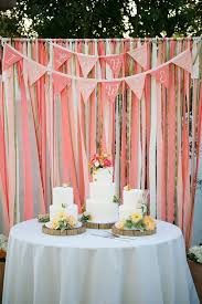 Coral Banners And Strips Wedding Backdrop Wedding Food Bar With White Wedding Cakes Cheap Wedding Decorations Coral Wedding Decorations Bridal Shower Backdrop