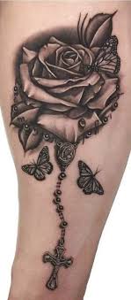 Flower With Butterfly Nd Rosary Rose Tattoos For Women Shoulder Tattoos For Women Rose Shoulder Tattoo