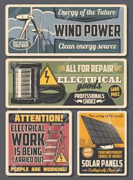Project and hourly rates depend on the electrician's experience level and the type of work. Electrical Service And Eco Energy Retro Posters With Vector Electrician Work Tools And Clean Power Equipment Cable And Wire Spool Solar Panel And Wind Turbine Ladder And High Voltage Warning Signs Royalty