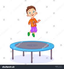 Cartoon Happy Boy Jumping On A Round Blue Trampoline Active Children S Outdoors Games Colorful Vector Illustration Isolated On Happy Boy Cartoon Outdoor Kids