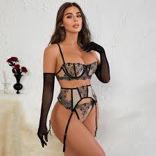 New Arrival Hot Sell Sexy Black Lingerie Set 3 Piece See-Through Lace  Flower Embroidery Splicing Lingerie Femme With Gloves