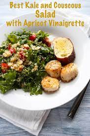 Simple Kale And Couscous Salad With Apricot Vinaigrette And Sea Scallops 3 Scoops Of Sugar Recipe Chicken Chopped Salad Couscous Salad Most Nutrient Dense Foods