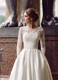 Original Beautiful Classic Ball Gown Long Sleeve Lace White Wedding Dress Bridal Gown Mikado In 2021 Modest Long Sleeve Wedding Dresses Wedding Dress Sleeves A Line Bridal Gowns