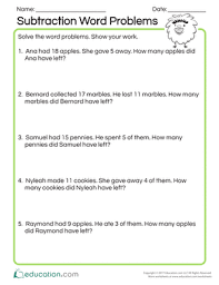 This is a set of 30 math worksheets for first grade. 1st Grade Subtraction Word Problems Printable Worksheets Education Com