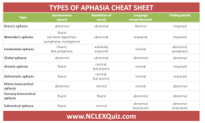 clear description of aphasia types cheat sheet nclex quiz