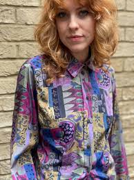 80s Grey Purple Abstract Star Print Vintage Silky Blouse Retro Shirt