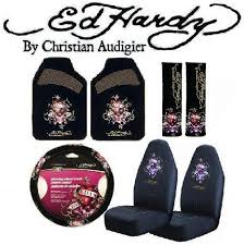 Ed Hardy Love Kills Slowly Seat Covers Floor Mats Steering Wheel Cover Seat Belt Shoulder Pads Accessories Set Car Accessories Steering Wheel Cover Ed Hardy