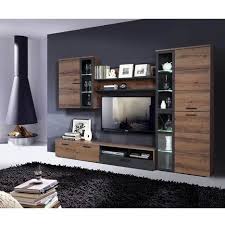 Moderne Anbauwand Durango In Schlammeiche Und Schwarzeiche Nachbildung Mit Schwarzen Griffen Und Weisser Beleuchtung Diese Wohnwand Eiche Wohnwand Schrankwand