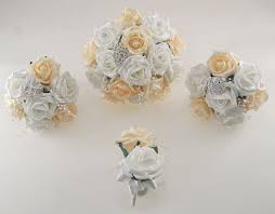 Add photos, stories & your wedding details Champagne And White Diamante Foam Rose And Brooch Wedding Flower Packa Budget Wedding Flowers