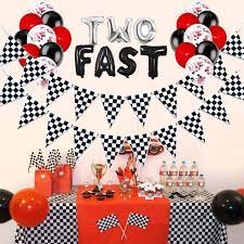 Celebrate any age with themed birthday decorations! Two Fast Birthday Decorations Race Car Birthday Decorations 2nd Second Birthday Party Supplies For Boy Girl Kids Let S Go Racing Chequered Checkered Black And White Pennant Banner Flags Walmart Com Walmart Com