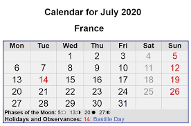 July 2020 France Calendar With Holidays Festivals Observances In 2020 Calendar Holiday Templates Finance Jobs