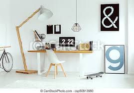 Vintage british maclamp desk lamp 1970s office retro workshop style design. Scandinavian White Home Office With Desk Lamp Chair And Posters Canstock