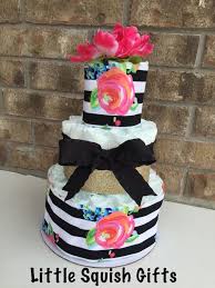 Black And White Baby Shower Cakes Floral With Black And White Stripes And Gold Glitter Diaper Cake Kate Spade Inspired Cake Gift For Baby Girls Kate Spade Baby Shower Baby Diapers Baby Shower