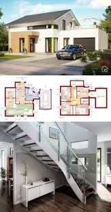 Fertighaus Modern Mit Garage Satteldach Architektur Grundriss Mit Windfang Erker Dachterrasse Innen Treppe Haus Grundriss Haus Mit Garage Einfamilienhaus