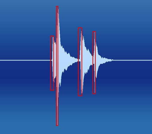 A waveform shows kick drum hits with a sharp spike at the start of each sound.
