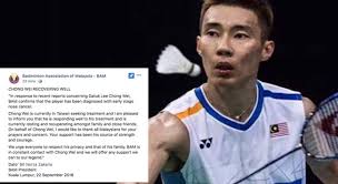 Jaguh badminton perseorangan lelaki negara, datuk lee chong wei sedang menghidap kanser hidung dan dikatakan sedang mendapatkan sebagai maklum balas terhadap laporan mengenai chong wei, bam mengesahkan pemain berkenaan didapati mengidap kanser hidung peringkat awal. Presiden Bam Sahkan Lee Chong Wei Hidap Kanser Hidung Semasa Cari Infonet